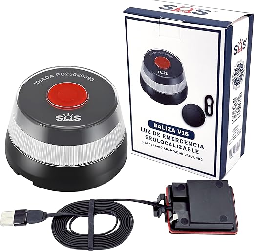 Luz Emergencia V16 Homologada DGT Geolocalizable + Adaptador USB/USBC — ¿Adiós al TRIÁNGULO?